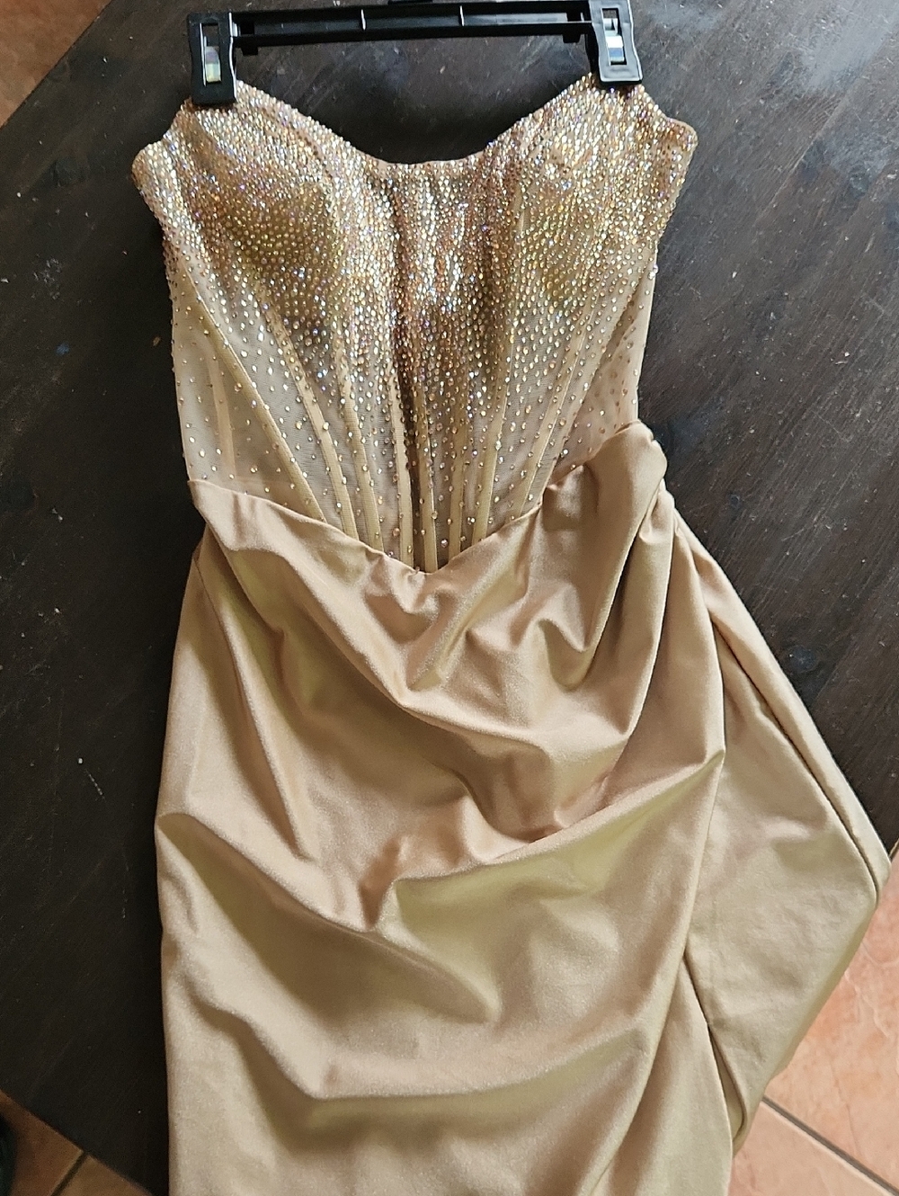 Strapless Crystal-Embellished Evening Dress in Champagne